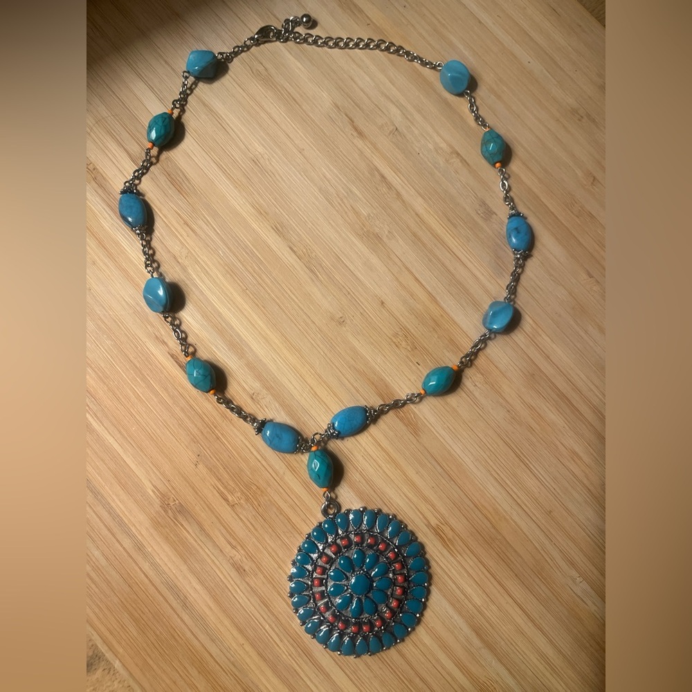 Turquoise and Coral Pendant Necklace